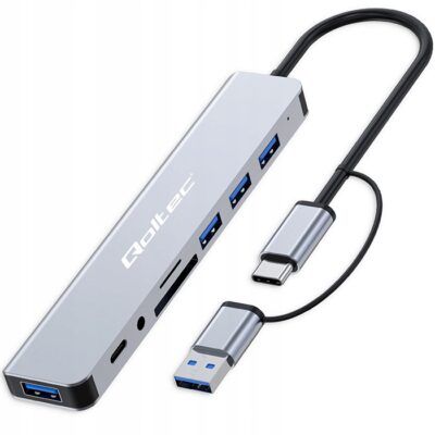 Qoltec Hub USB-C Hub USB-A USB 8w1 USB-C 4xUSB micro SD SD TF Audio 53794